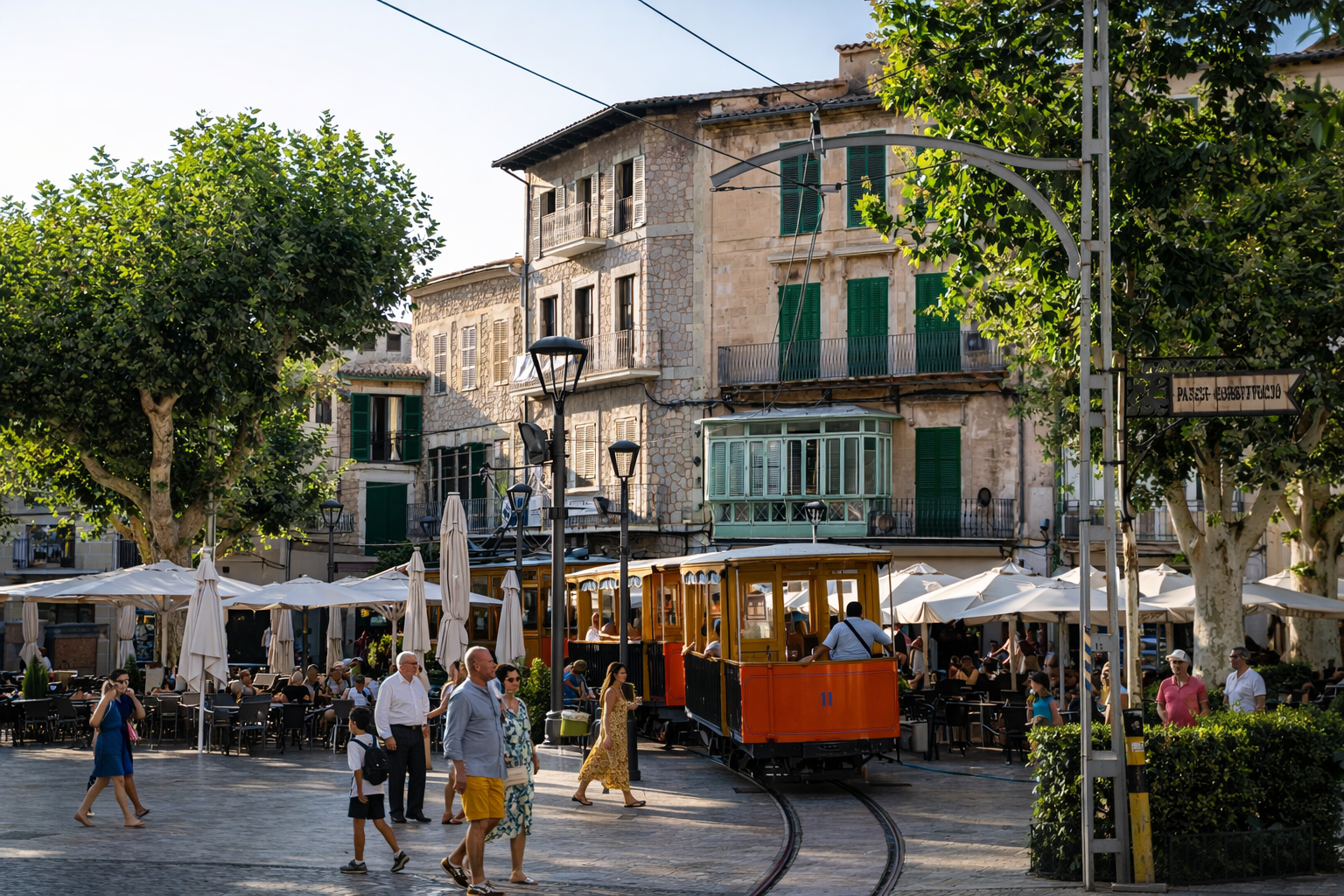 Orange tram on a street in Sóller