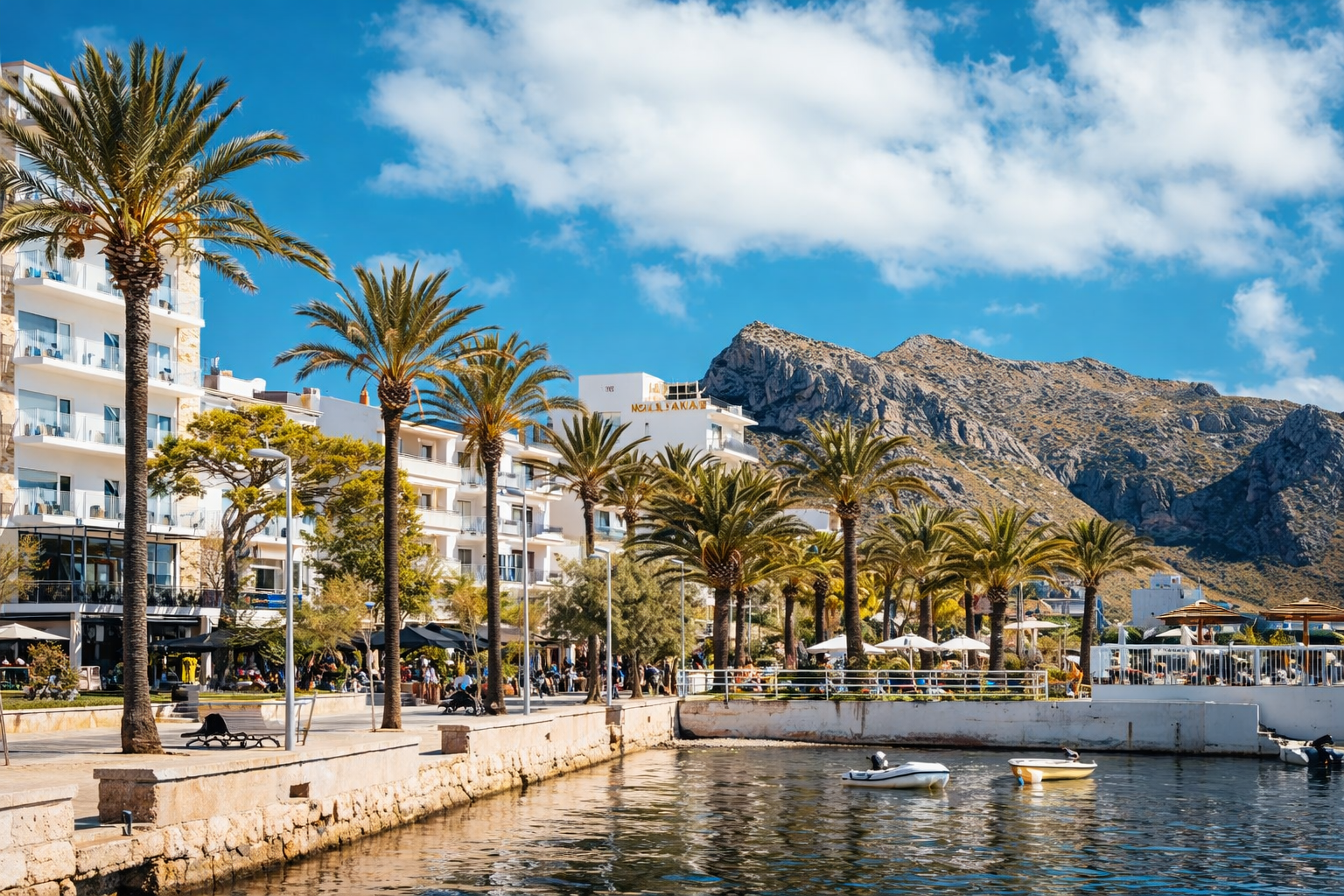 Palm-lined waterfront at Port de Pollença